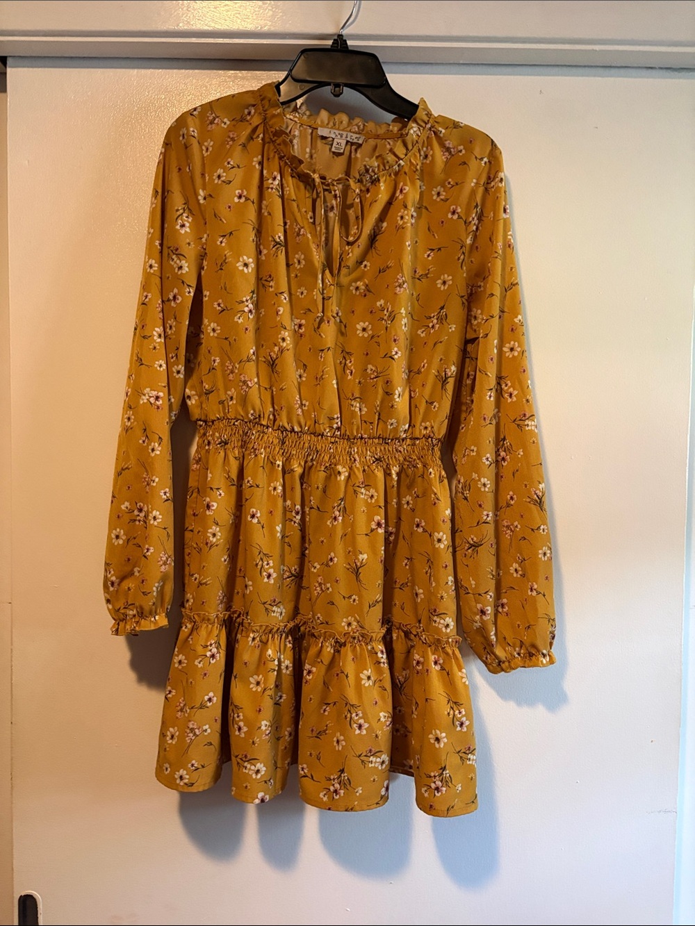 Womans Floral Ruffle Hem Dress in Mustard